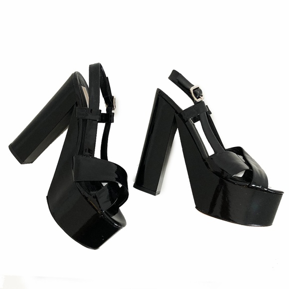 Michael Kors Black Patent Platforms Sandals Retro 6.5in Heels Disco Vibes Sz 7.5 - Picture 1 of 9